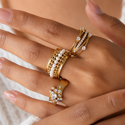 3-Piece Vintage Gold-Plated Stainless Steel Rings Set for Women - Waterproof Hypoallergenic Stackable Statement Rings, Pearl Crystal & Lace Style Collection Size 7 Inner Diameter 0.68 in