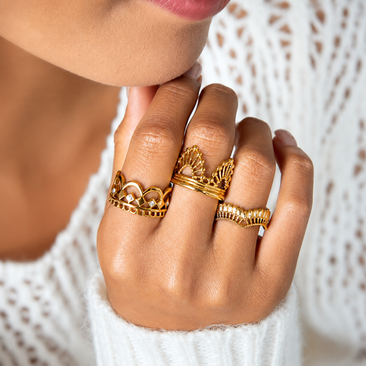 3-Piece Vintage Gold-Plated Stainless Steel Ring for Women - Waterproof Hypoallergenic Stackable Statement Rings, Crown Crystal & Lace Style Collection Size 7 Inner Diameter 0.68 in