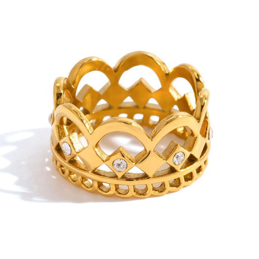 3-Piece Vintage Gold-Plated Stainless Steel Ring for Women - Waterproof Hypoallergenic Stackable Statement Rings, Crown Crystal & Lace Style Collection Size 7 Inner Diameter 0.68 in