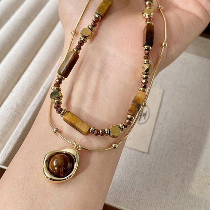 Vintage Double Layer Tiger Eye Stone Stackable Pendant Necklace - Boho Beaded Gold Plated Layered Choker Necklace for Women with Jewelry Box