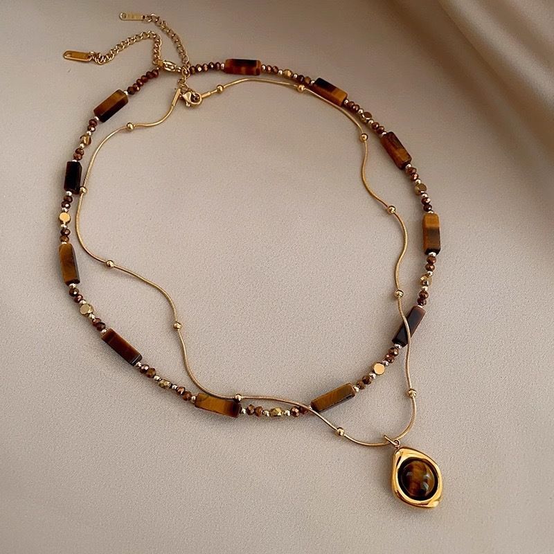 Vintage Double Layer Tiger Eye Stone Stackable Pendant Necklace - Boho Beaded Gold Plated Layered Choker Necklace for Women with Jewelry Box