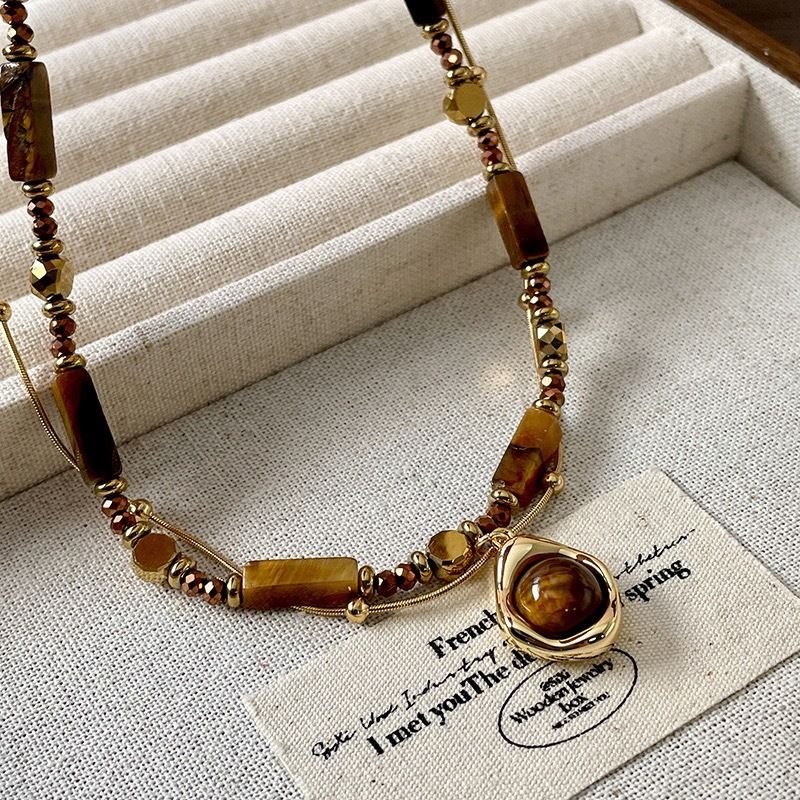 Vintage Double Layer Tiger Eye Stone Stackable Pendant Necklace - Boho Beaded Gold Plated Layered Choker Necklace for Women with Jewelry Box