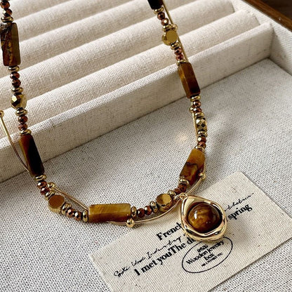 Vintage Double Layer Tiger Eye Stone Stackable Pendant Necklace - Boho Beaded Gold Plated Layered Choker Necklace for Women with Jewelry Box