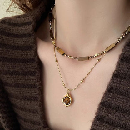 Vintage Double Layer Tiger Eye Stone Stackable Pendant Necklace - Boho Beaded Gold Plated Layered Choker Necklace for Women with Jewelry Box
