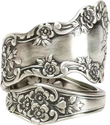 Vintage Camellia Wrap Spoon Ring with Jewelry Box, Adjustable Floral Petal Statement Open Bands for Women Men Promise Wedding Engagement Statement, Silver Plated Size 8 Circumference 56.8mm