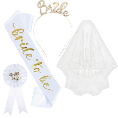 White and Gold Bride to Be Bachelorette Party Accessory Set, 4 Piece Bridal Shower Accessories Kit with Rhinestone Headband, Sash, Badge and Double Layer Veil with Comb