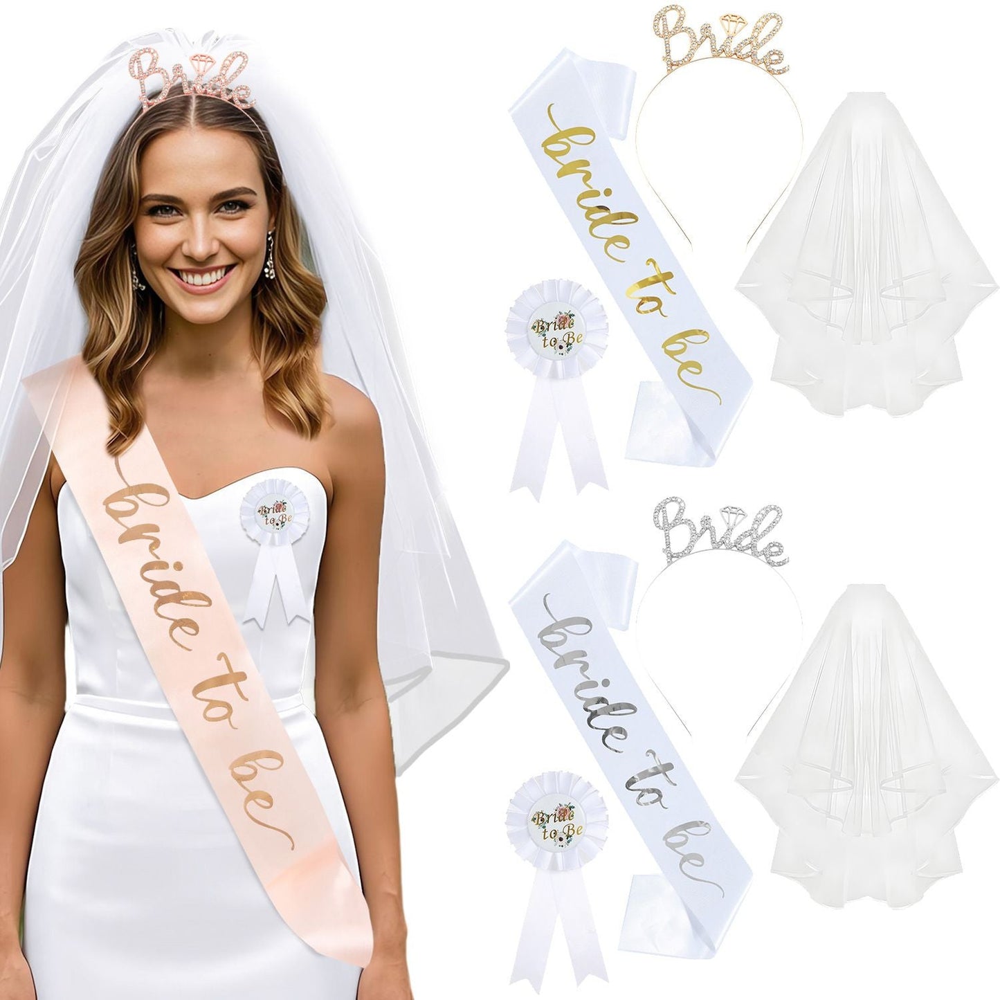 White and Gold Bride to Be Bachelorette Party Accessory Set, 4 Piece Bridal Shower Accessories Kit with Rhinestone Headband, Sash, Badge and Double Layer Veil with Comb