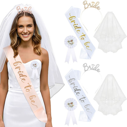 White and Gold Bride to Be Bachelorette Party Accessory Set, 4 Piece Bridal Shower Accessories Kit with Rhinestone Headband, Sash, Badge and Double Layer Veil with Comb