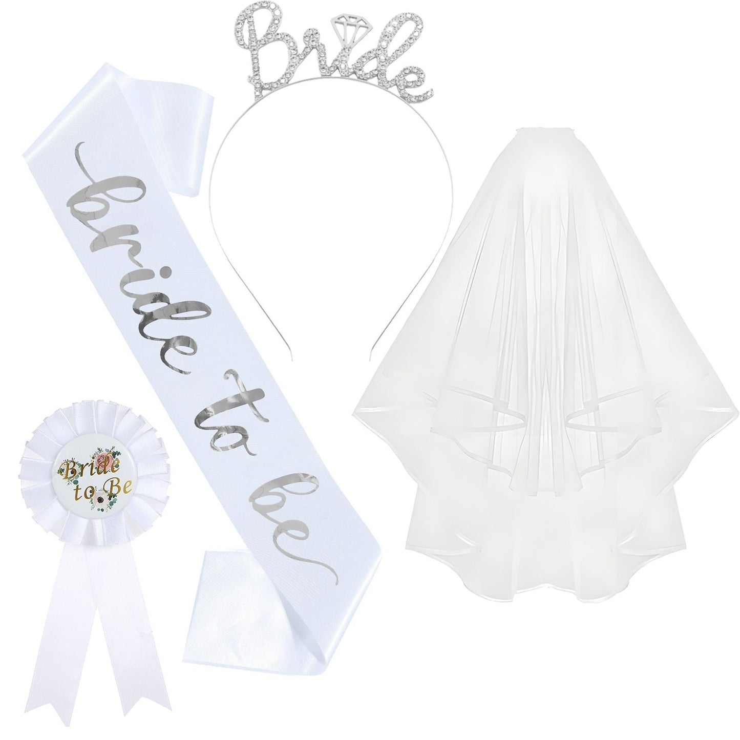 White and Silver Bride to Be Bachelorette Party Accessory Set, 4 Piece Bridal Shower Accessories Kit with Rhinestone Headband, Sash, Badge and Double Layer Veil with Comb