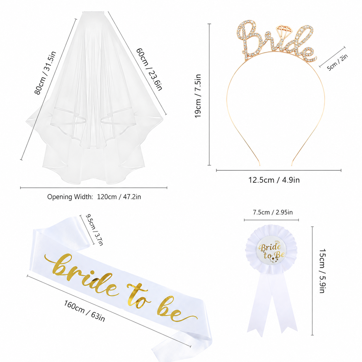 White and Silver Bride to Be Bachelorette Party Accessory Set, 4 Piece Bridal Shower Accessories Kit with Rhinestone Headband, Sash, Badge and Double Layer Veil with Comb