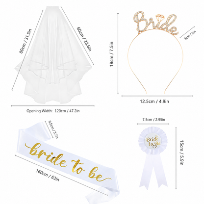 White and Silver Bride to Be Bachelorette Party Accessory Set, 4 Piece Bridal Shower Accessories Kit with Rhinestone Headband, Sash, Badge and Double Layer Veil with Comb