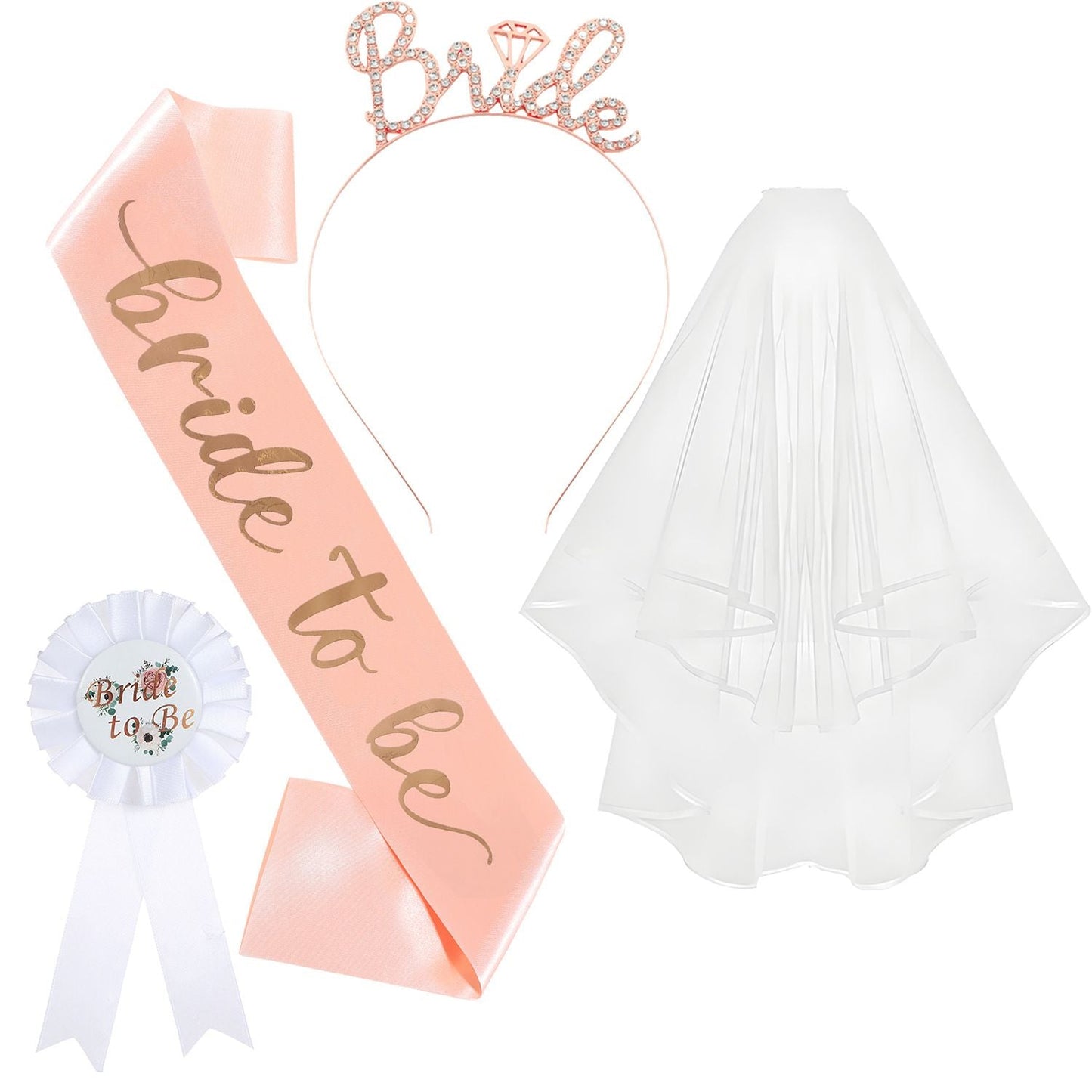 Pink and Gold Bride to Be Bachelorette Party Accessory Set, 4 Piece Bridal Shower Accessories Kit with Rhinestone Headband, Sash, Badge and Double Layer Veil with Comb