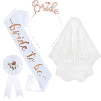 White and Rose Gold Bride to Be Bachelorette Party Accessory Set, 4 Piece Bridal Shower Accessories Kit with Rhinestone Headband, Sash, Badge and Double Layer Veil with Comb