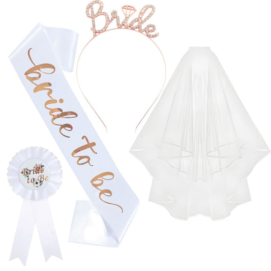 White and Rose Gold Bride to Be Bachelorette Party Accessory Set, 4 Piece Bridal Shower Accessories Kit with Rhinestone Headband, Sash, Badge and Double Layer Veil with Comb