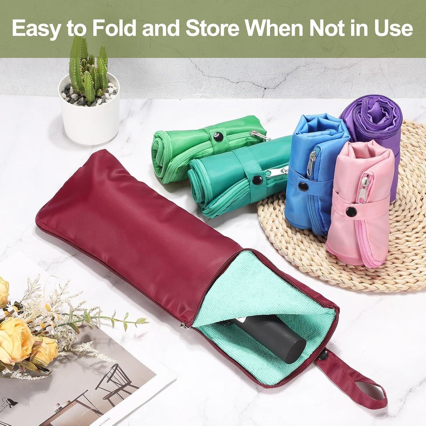 2-Pack Foldable Waterproof Umbrella Storage Sleeve with Zippers, Carry Handle and Absorbent Microfiber Lining - Reusable Hanging Umbrella Pouch for Home Office School Travel and Car Use, Pink 15 x 5 inch