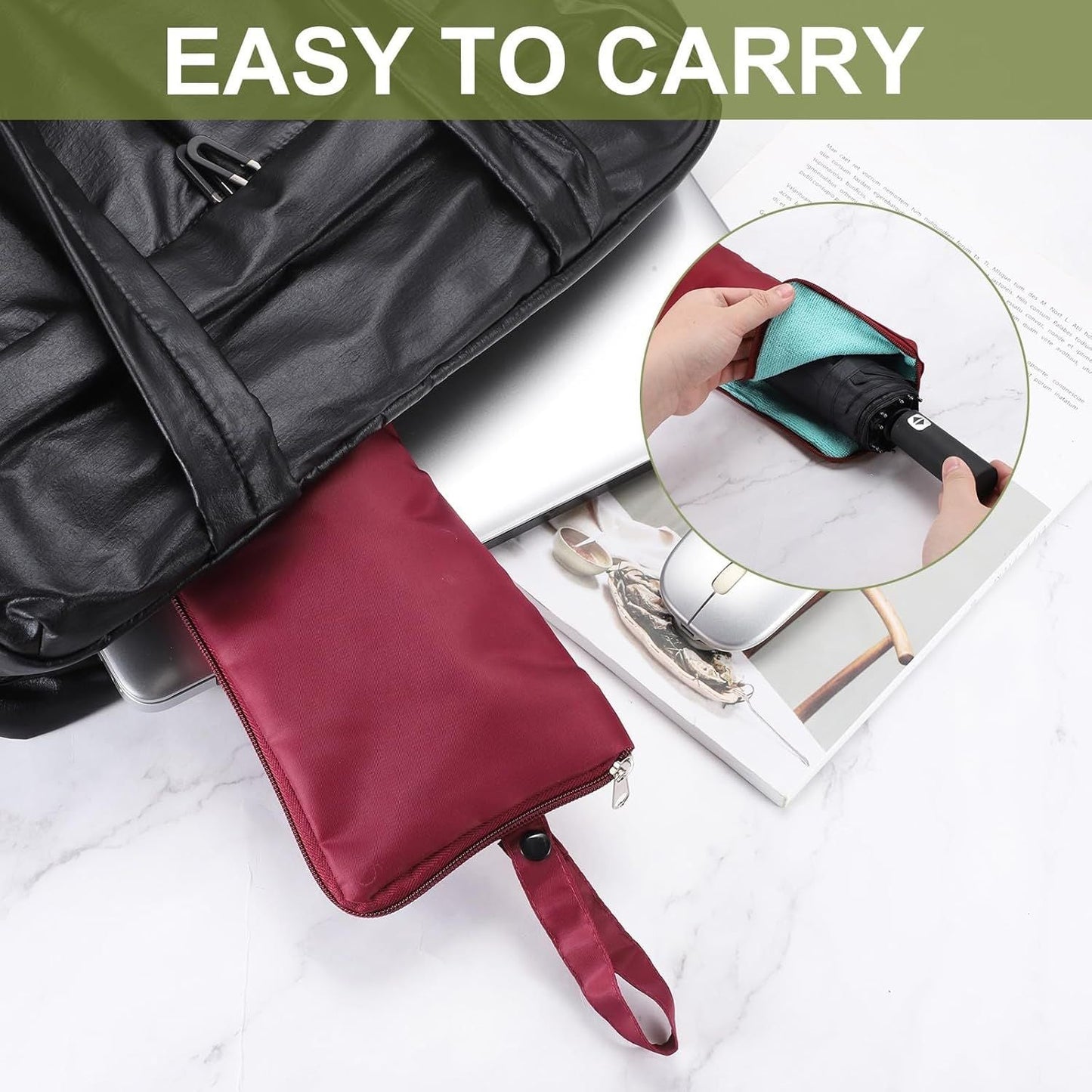 2-Pack Foldable Waterproof Umbrella Storage Sleeve with Zippers, Carry Handle and Absorbent Microfiber Lining - Reusable Hanging Umbrella Pouch for Home Office School Travel and Car Use, Pink 15 x 5 inch