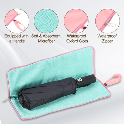 2-Pack Foldable Waterproof Umbrella Storage Sleeve with Zippers, Carry Handle and Absorbent Microfiber Lining - Reusable Hanging Umbrella Pouch for Home Office School Travel and Car Use, Beige 15 x 5 inch