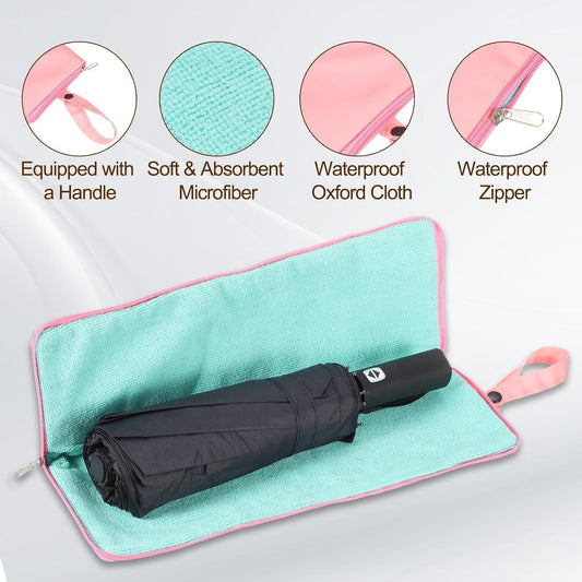 2-Pack Foldable Waterproof Umbrella Storage Sleeve with Zippers, Carry Handle and Absorbent Microfiber Lining - Reusable Hanging Umbrella Pouch for Home Office School Travel and Car Use, Black 15 x 5 inch