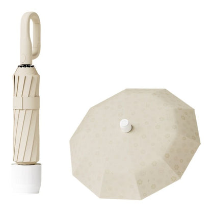 Beige Foldable Automatic Open Umbrella with Retractable Waterproof Sleeve, Clip Handle and Winproof Dual Rib - Lightweight Rain Sun Umbrella, Large Diameter 105cm, Compact 37cm Storage, Flower Pattern Appears When Wet