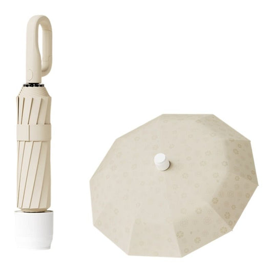 Beige Foldable Automatic Open Umbrella with Retractable Waterproof Sleeve, Clip Handle and Winproof Dual Rib - Lightweight Rain Sun Umbrella, Large Diameter 105cm, Compact 37cm Storage, Flower Pattern Appears When Wet