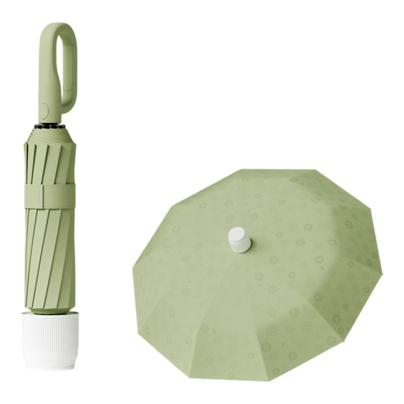 Macha Green Foldable Automatic Open Umbrella with Retractable Waterproof Sleeve, Clip Handle and Winproof Dual Rib - Lightweight Rain Sun Umbrella, Large Diameter 105cm, Compact 37cm Storage, Flower Pattern Appears When Wet