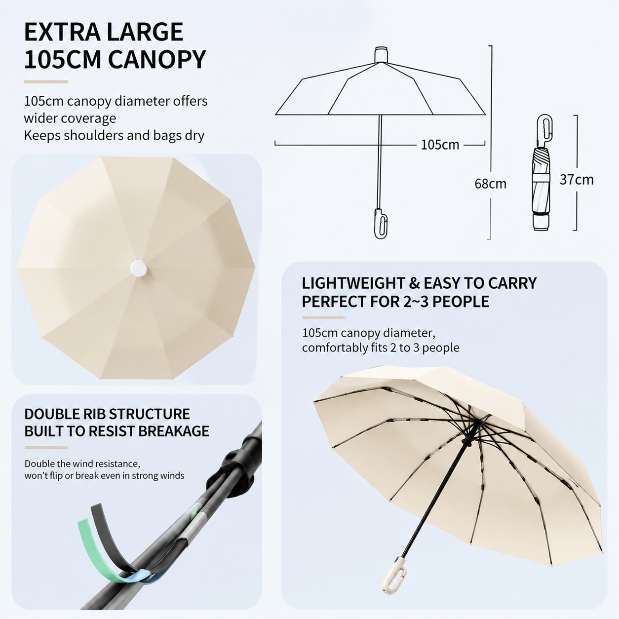 Macha Green Foldable Automatic Open Umbrella with Retractable Waterproof Sleeve, Clip Handle and Winproof Dual Rib - Lightweight Rain Sun Umbrella, Large Diameter 105cm, Compact 37cm Storage, Flower Pattern Appears When Wet