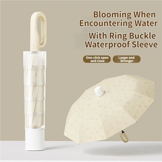 Skin Red Foldable Automatic Open Umbrella with Retractable Waterproof Sleeve, Clip Handle and Winproof Dual Rib - Lightweight Rain Sun Umbrella, Large Diameter 105cm, Compact 37cm Storage, Flower Pattern Appears When Wet