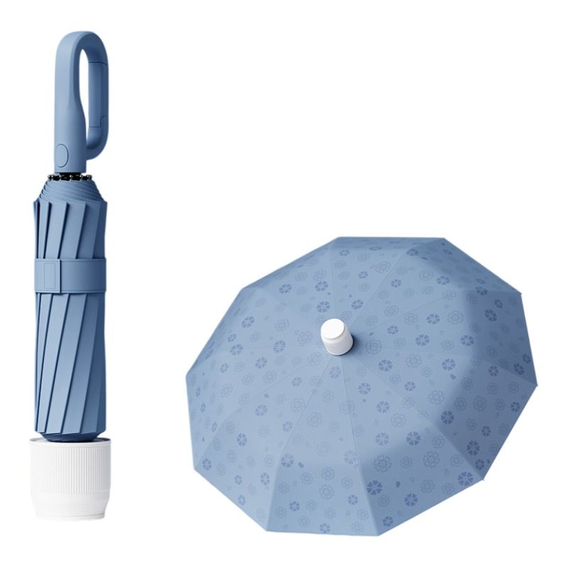 Blue Foldable Automatic Open Umbrella with Retractable Waterproof Sleeve, Clip Handle and Winproof Dual Rib - Lightweight Rain Sun Umbrella, Large Diameter 105cm, Compact 37cm Storage, Flower Pattern Appears When Wet
