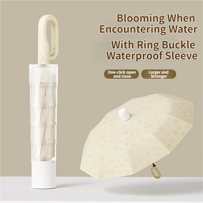 Blue Foldable Automatic Open Umbrella with Retractable Waterproof Sleeve, Clip Handle and Winproof Dual Rib - Lightweight Rain Sun Umbrella, Large Diameter 105cm, Compact 37cm Storage, Flower Pattern Appears When Wet