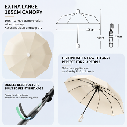 Blue Foldable Automatic Open Umbrella with Retractable Waterproof Sleeve, Clip Handle and Winproof Dual Rib - Lightweight Rain Sun Umbrella, Large Diameter 105cm, Compact 37cm Storage, Flower Pattern Appears When Wet