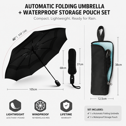 46 inch Black Windproof Automatic Travel Folding Umbrella and Black Absorbent Hanging Storage Pouch Set – Compact 3-Fold Auto Open Close Umbrella wth Double Canopy and 10 Reinforced Ribs for Rain & Sun Outdoor Use