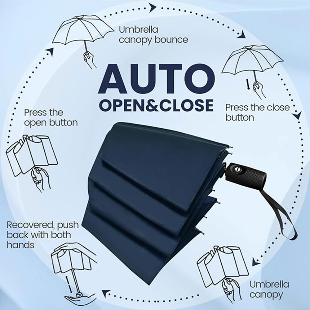 46 inch Black Windproof Automatic Travel Folding Umbrella and Black Absorbent Hanging Storage Pouch Set – Compact 3-Fold Auto Open Close Umbrella wth Double Canopy and 10 Reinforced Ribs for Rain & Sun Outdoor Use