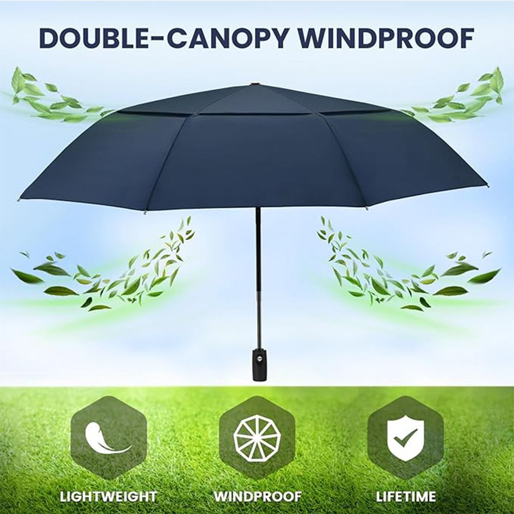 46 inch Black Windproof Automatic Travel Folding Umbrella and Black Absorbent Hanging Storage Pouch Set – Compact 3-Fold Auto Open Close Umbrella wth Double Canopy and 10 Reinforced Ribs for Rain & Sun Outdoor Use