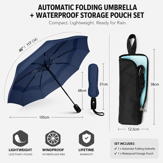 46 inch Navy Blue Windproof Automatic Travel Folding Umbrella and Black Absorbent Hanging Storage Pouch Set – Compact 3-Fold Auto Open Close Umbrella wth Double Canopy and 10 Reinforced Ribs for Rain & Sun Outdoor Use