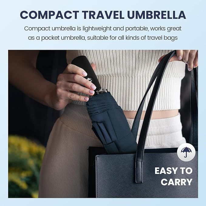 46 inch Navy Blue Windproof Automatic Travel Folding Umbrella and Black Absorbent Hanging Storage Pouch Set – Compact 3-Fold Auto Open Close Umbrella wth Double Canopy and 10 Reinforced Ribs for Rain & Sun Outdoor Use