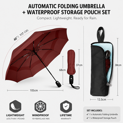 46 inch Wine Red Windproof Automatic Travel Folding Umbrella and Black Absorbent Hanging Storage Pouch Set – Compact 3-Fold Auto Open Close Umbrella wth Double Canopy and 10 Reinforced Ribs for Rain & Sun Outdoor Use