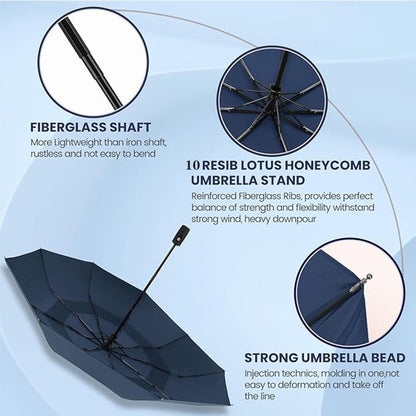 46 inch Wine Red Windproof Automatic Travel Folding Umbrella and Black Absorbent Hanging Storage Pouch Set – Compact 3-Fold Auto Open Close Umbrella wth Double Canopy and 10 Reinforced Ribs for Rain & Sun Outdoor Use