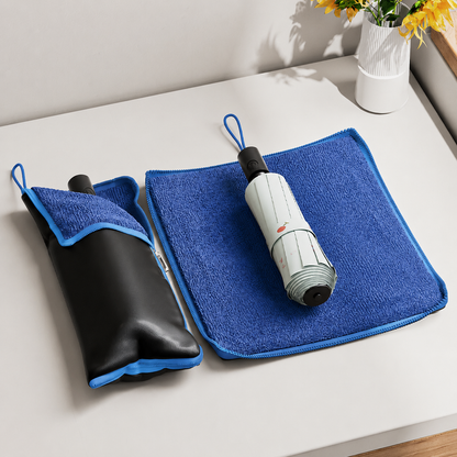 2-Pack Waterproof Oxford Umbrella Storage Pouch with Zipper and Absorbent Microfiber Lining, Mutifunctional Hanging Umbrella Sleeve & Cleaning Cloth for Car Travel School and Daily Use, Black and Blue 28 x 12cm