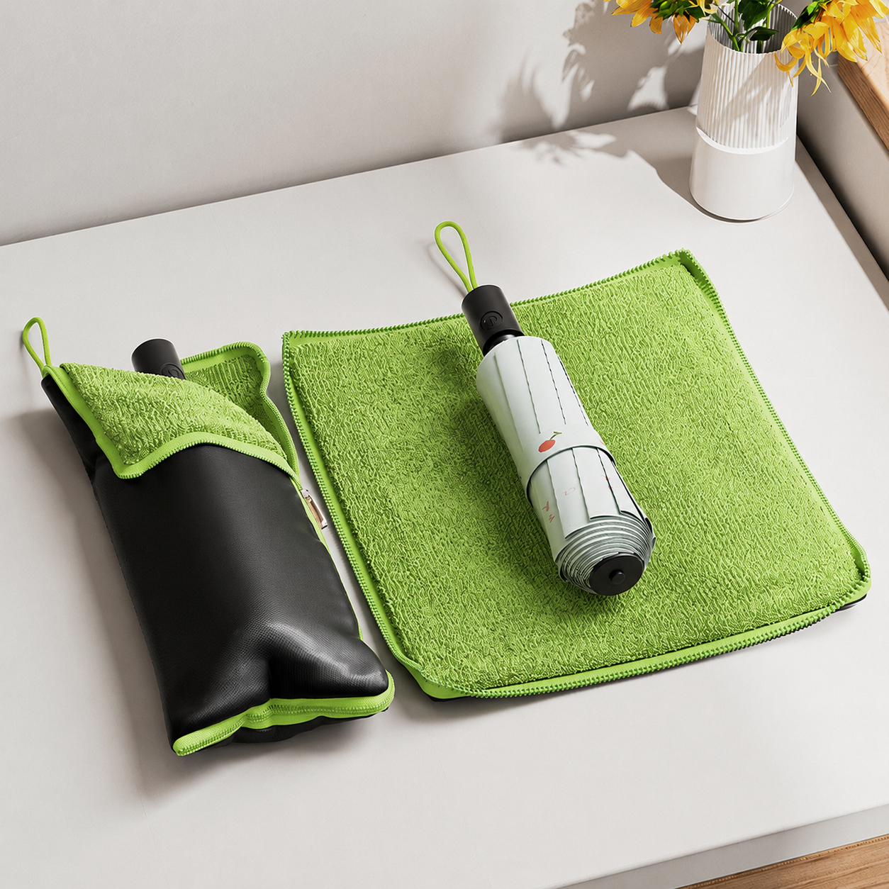 2-Pack Waterproof Oxford Umbrella Storage Pouch with Zipper and Absorbent Microfiber Lining, Mutifunctional Hanging Umbrella Sleeve & Cleaning Cloth for Car Travel School and Daily Use, Black and Green 28 x 12cm