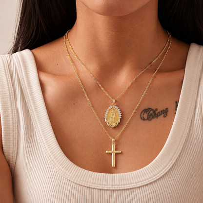 Jesus Cross Stackable Oval Pendant - Copper Plated Collarbone Chain with Jewelry Box, Christmas Easter Gift for Women and Men