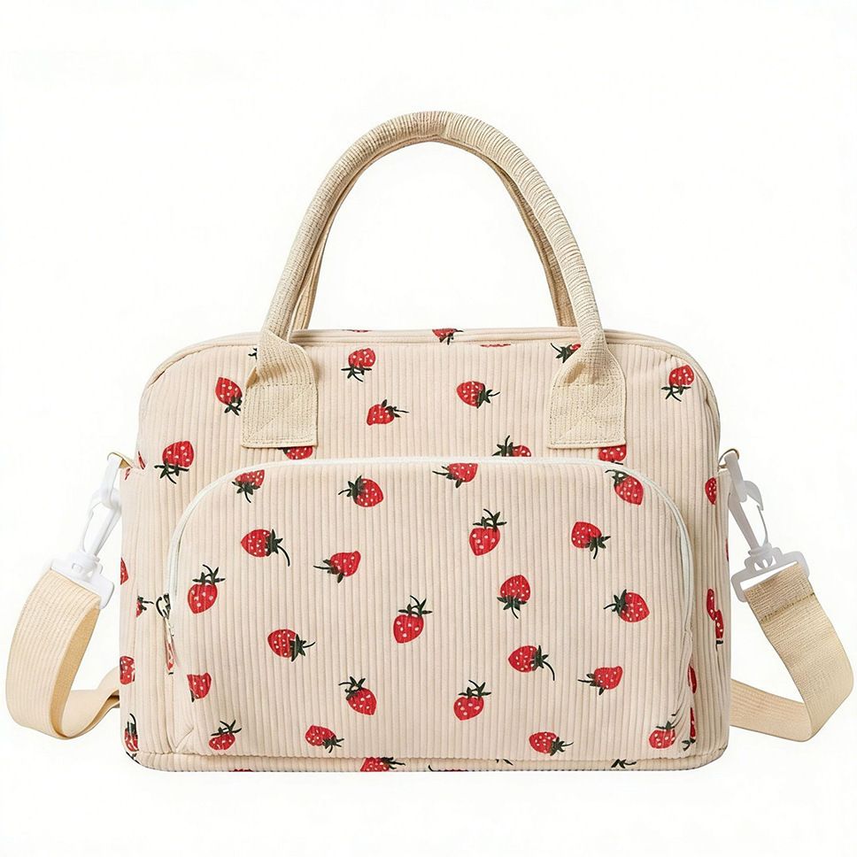 Strawberry Print Soft Corduroy Insulated Lunch Bag for Women and Students - Large Capacity Thermal Lunch Tote with Shoulder Strap, Front Zip Pocket and Side Bottle Holder 11.4 x 9 6.7 inch