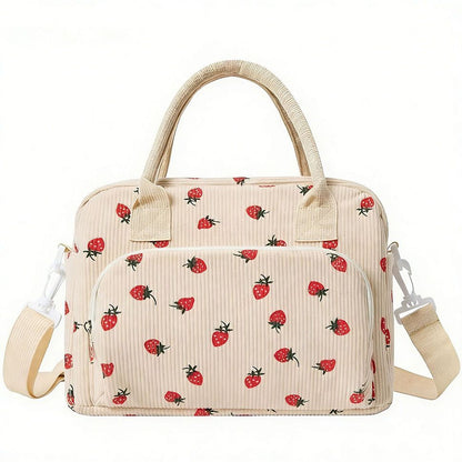 Strawberry Print Soft Corduroy Insulated Lunch Bag for Women and Students - Large Capacity Thermal Lunch Tote with Shoulder Strap, Front Zip Pocket and Side Bottle Holder 11.4 x 9 6.7 inch
