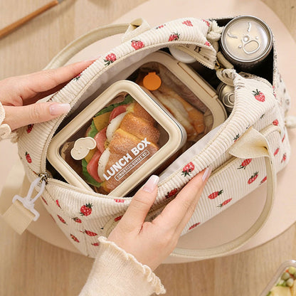 Strawberry Print Soft Corduroy Insulated Lunch Bag for Women and Students - Large Capacity Thermal Lunch Tote with Shoulder Strap, Front Zip Pocket and Side Bottle Holder 11.4 x 9 6.7 inch