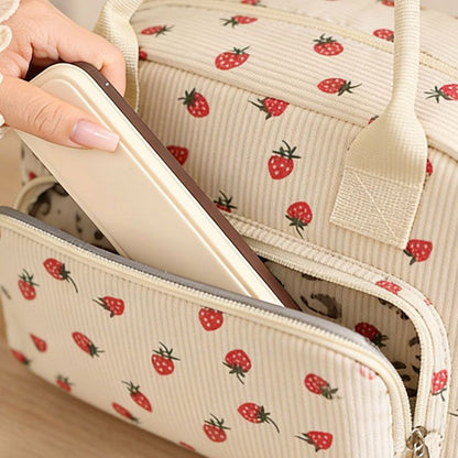 Strawberry Print Soft Corduroy Insulated Lunch Bag for Women and Students - Large Capacity Thermal Lunch Tote with Shoulder Strap, Front Zip Pocket and Side Bottle Holder 11.4 x 9 6.7 inch
