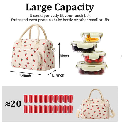 Strawberry Print Soft Corduroy Insulated Lunch Bag for Women and Students - Large Capacity Thermal Lunch Tote with Shoulder Strap, Front Zip Pocket and Side Bottle Holder 11.4 x 9 6.7 inch