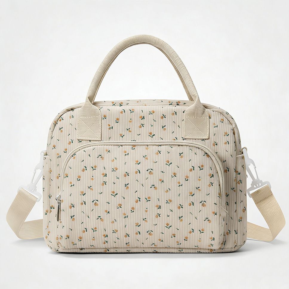 Beige Floral Print Soft Corduroy Insulated Lunch Bag for Women and Students - Large Capacity Thermal Lunch Tote with Shoulder Strap, Front Zip Pocket and Side Bottle Holder 11.4 x 9 6.7 inch