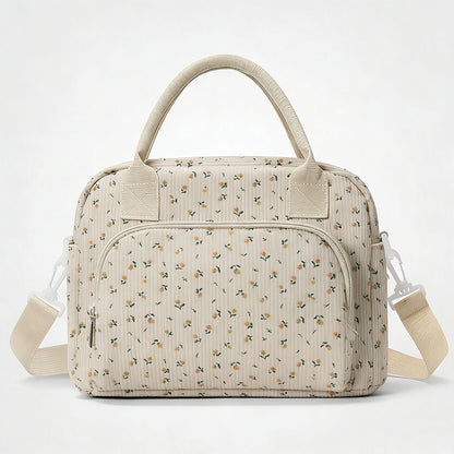 Beige Floral Print Soft Corduroy Insulated Lunch Bag for Women and Students - Large Capacity Thermal Lunch Tote with Shoulder Strap, Front Zip Pocket and Side Bottle Holder 11.4 x 9 6.7 inch