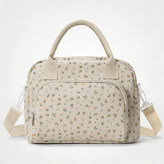 Beige Floral Print Soft Corduroy Insulated Lunch Bag for Women and Students - Large Capacity Thermal Lunch Tote with Shoulder Strap, Front Zip Pocket and Side Bottle Holder 11.4 x 9 6.7 inch