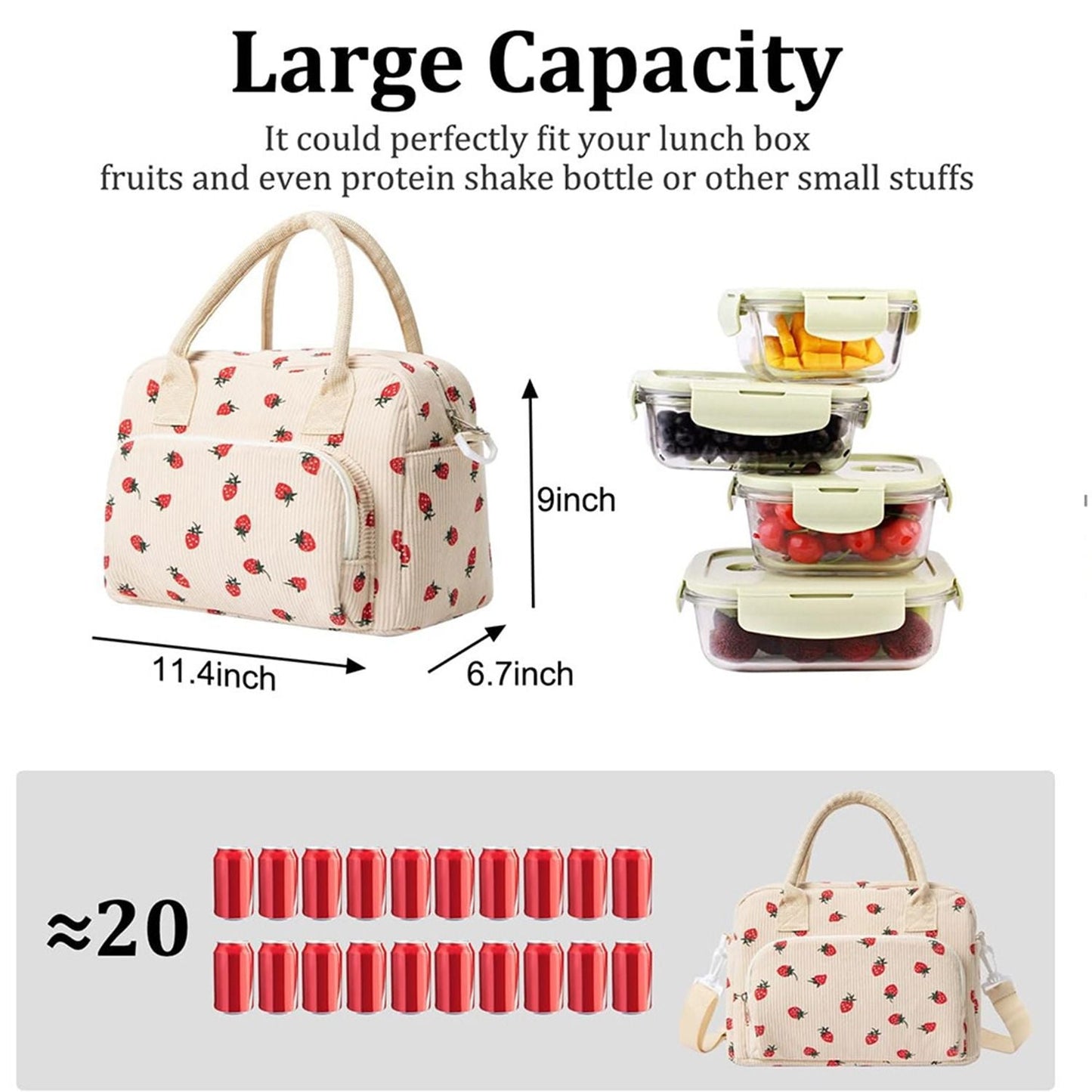 2-Pack Strawberry & Beige Floral Print Soft Corduroy Insulated Lunch Bag for Women and Students - Large Capacity Thermal Lunch Tote with Shoulder Strap, Front Zip Pocket and Side Bottle Holder 11.4 x 9 6.7 inch