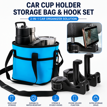Black and Blue Foldable 4-Zone Car Insulated Drink Carrier Bag Bonus 2 Pack Mutifunctional Headrest Hook Phone Holders, No-Spill Car Cup Holder Organizer and Back Seat Mobile Phone Mount Travel Set for Most Water Bottles